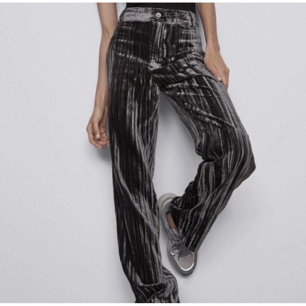 Zara Crushed Velvet Wide Leg Trousers Large Black High Rise Pants Glam Grunge